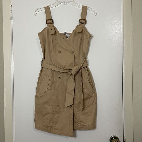 NWT H&M cotton tan khaki trench wrap tie dungaree dress size US 6 - Picture 2 of 6